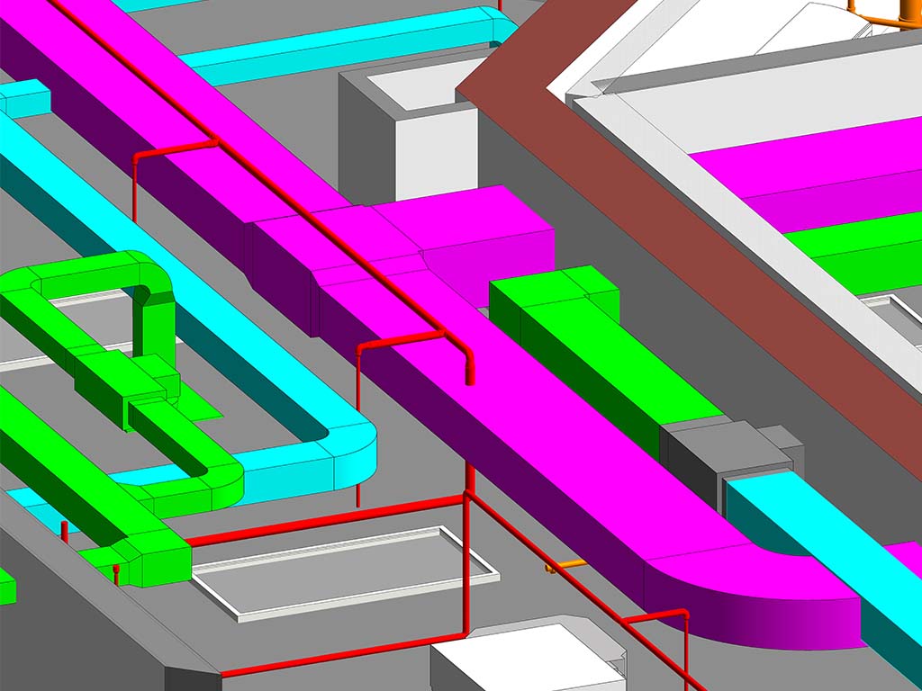 Engineers reviewing Navisworks clash detection results on a large monitor in a construction office